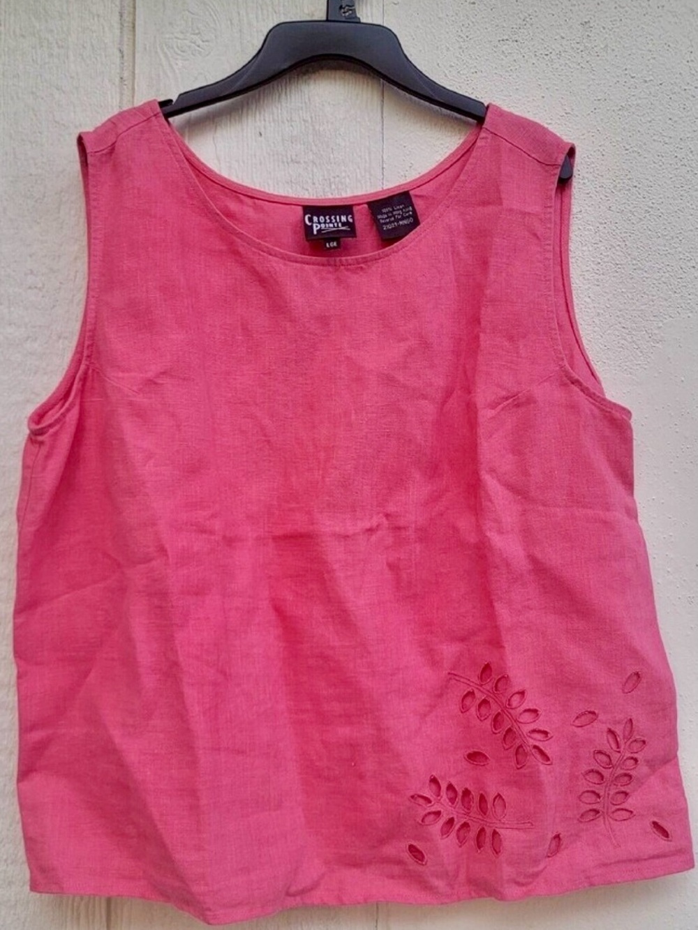 Crossing Pointe L 100% linen - Watermelon Pink Sleeveless Eyelet Hem Tank